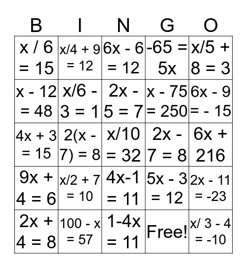 Writing Equations Bingo Card