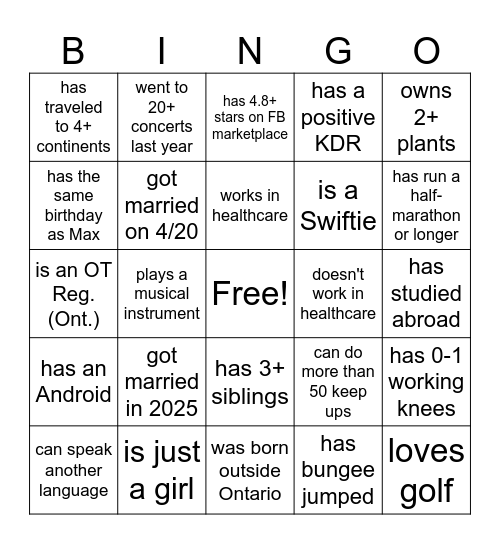 FIND THE GUEST Bingo Card