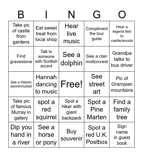 Day 5-6: Blair Atholl, Culloden, Inverness Bingo Card