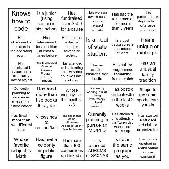 Work/life Networking Bingo Card