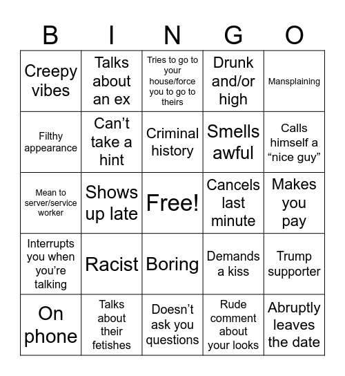 Bad Date Bingo Card