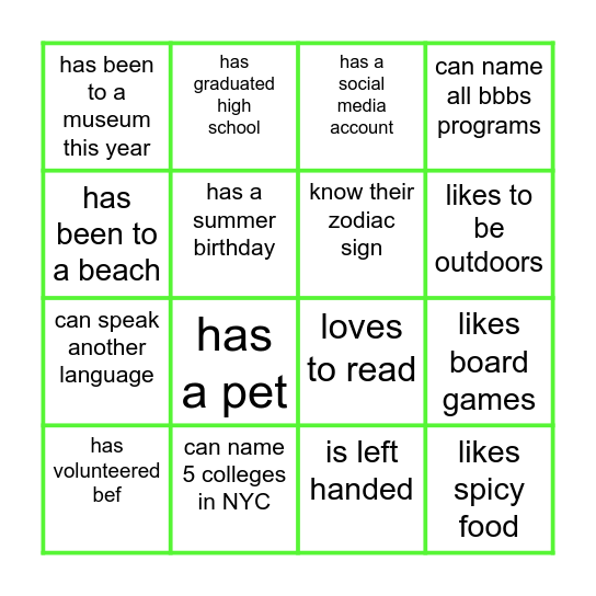 Human Bingo: Get to Know Your Peers! Bingo Card
