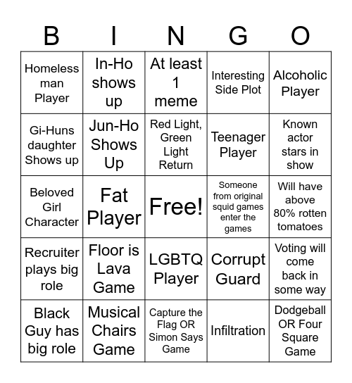 Squid Game America Bingo Card