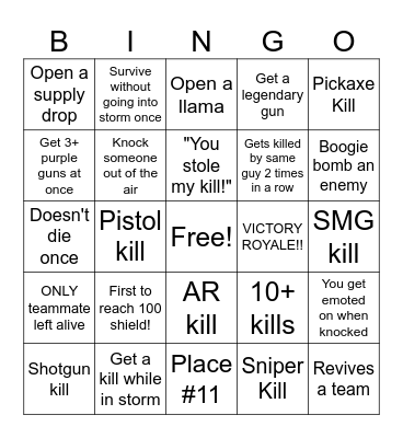 Fortnite RELOAD Bingo Card