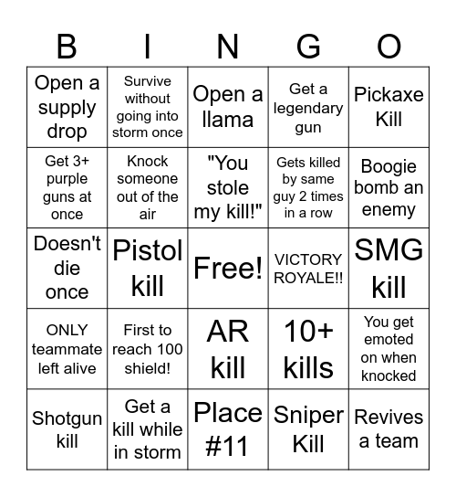 Fortnite RELOAD Bingo Card