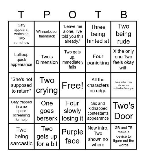 TPOT 19 Predictions Bingo Card