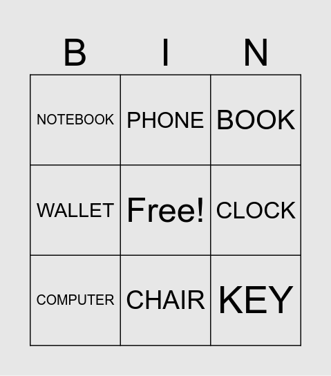Everyday Items Bingo Card