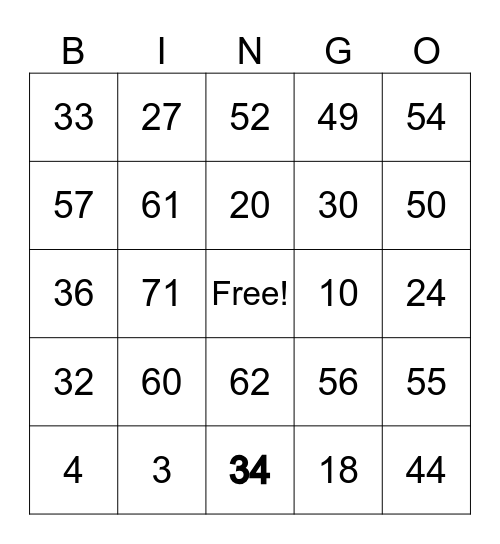 VHR BINGO Card