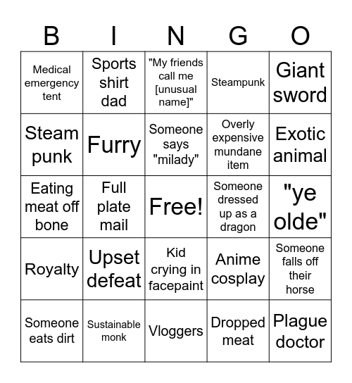 Ren faire Bingo Card
