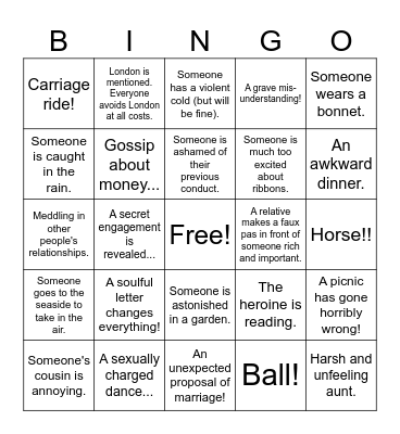 Jane Austen Bingo Card