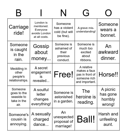 Jane Austen Bingo Card