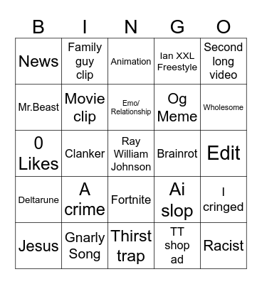Insta reels Bingo Card
