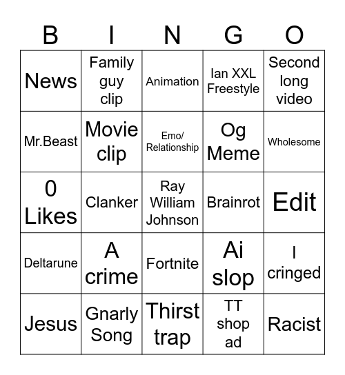 Insta reels Bingo Card