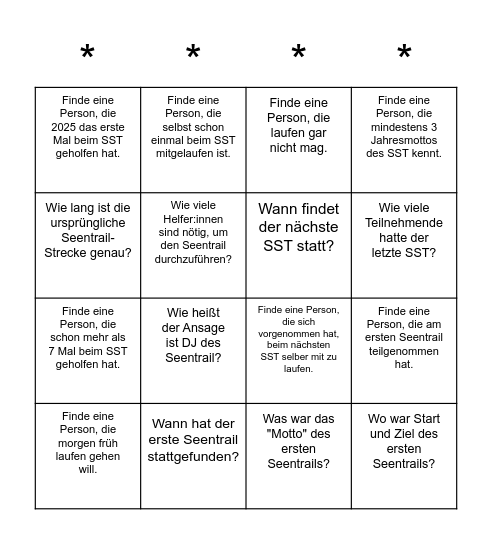 Das einzigartige Seentrail-BINGO Card