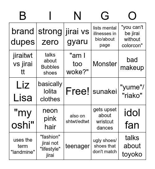 foreign jirai twitter bingo Card