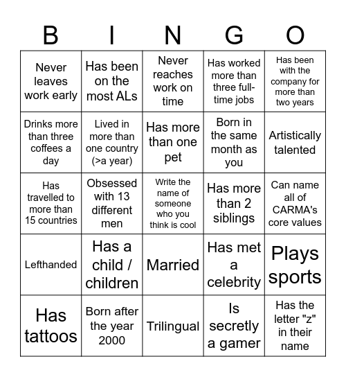 CARMA BINGO Card