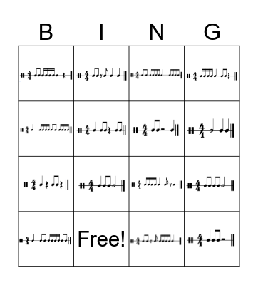 Rhythm Bingo: Half, Quarter, Eighth Notes and 16th Notes Bingo Card