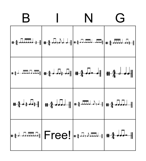 Rhythm Bingo: Half, Quarter, Eighth Notes and 16th Notes Bingo Card