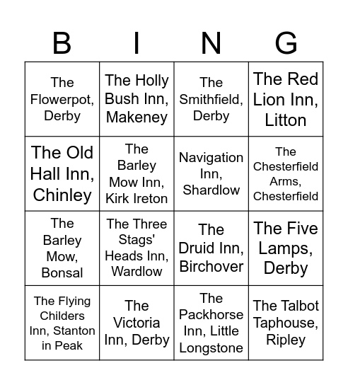 Derbyshire Pubs Bingo Card