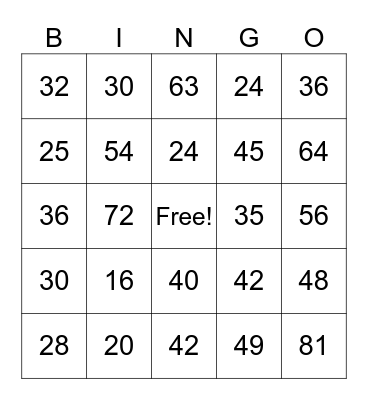 Multiplication Bingo 4-9 Bingo Card