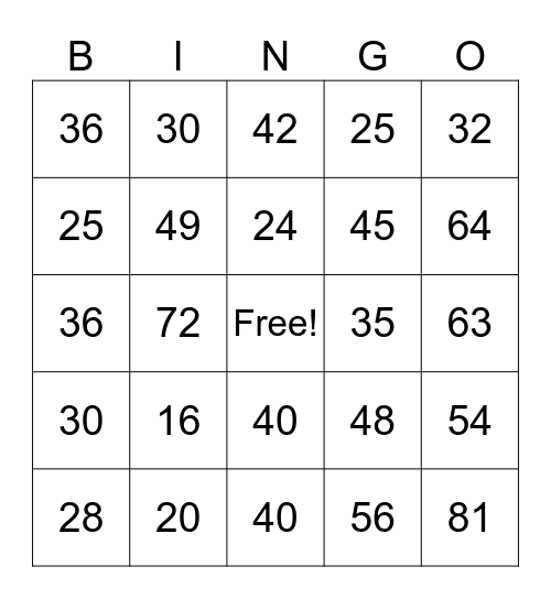 Multiplication Facts 4-9 Dice Bingo Card