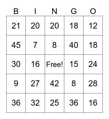 Multiplication Fact Bingo 1-6 and 4-9 Bingo Card