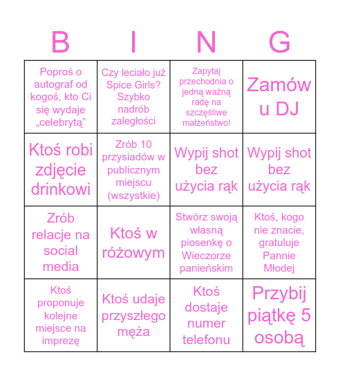 Wieczór panieński Bingo Card