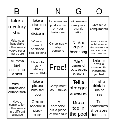 House Party Bingo Card