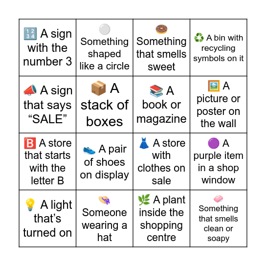 Shopping Centre Bingo Card