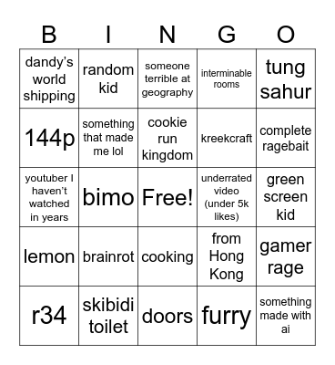 YouTube shorts board Bingo Card