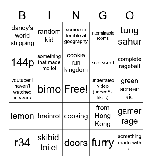 YouTube shorts board Bingo Card