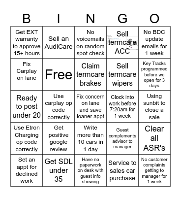 Service advisor bingo Card