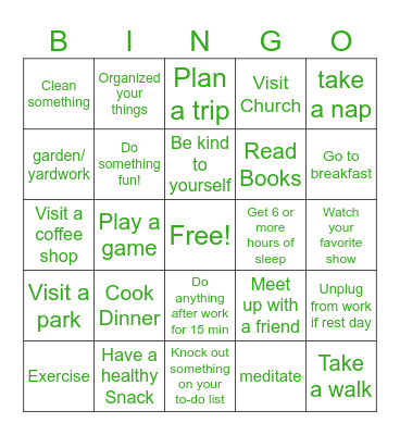 Work Life Balance Bingo Card