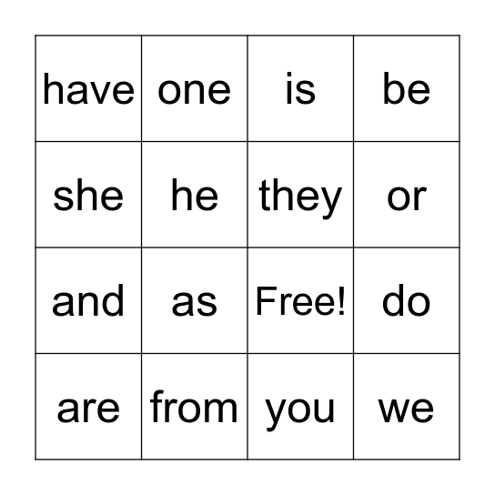 Trick Word Bingo Card