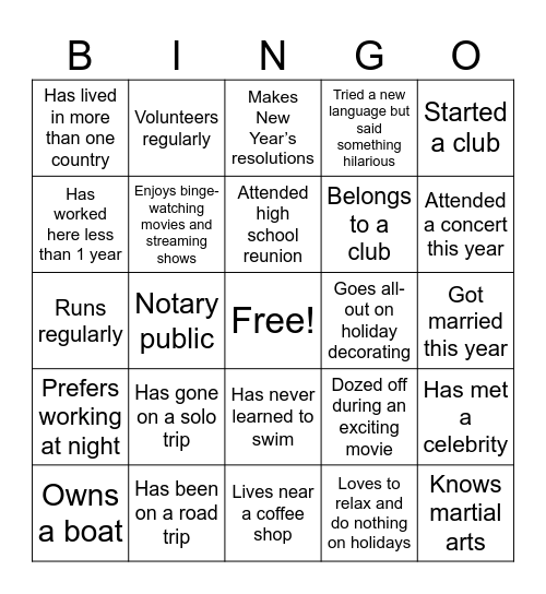 SAFY Getting to Know You Bingo Card