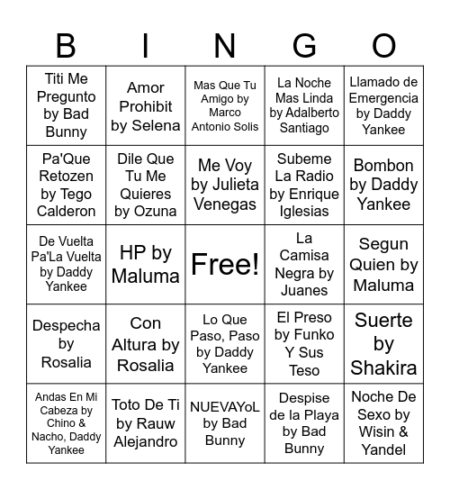 Latin Music Bingo 4 Bingo Card