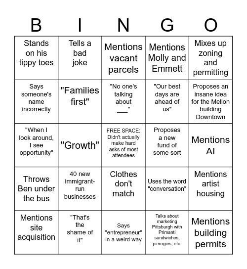 Corey Event Speech Bingo Card