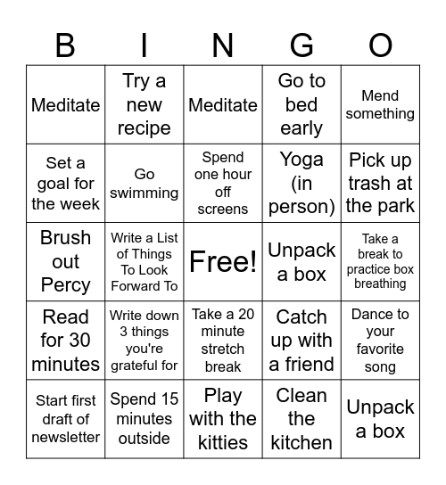 MHW Self Care Bingo Card