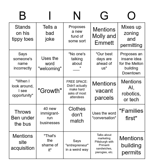 Corey Event Speech Bingo Card