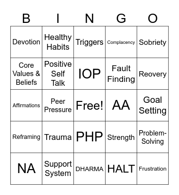 RECOVERY Bingo Card