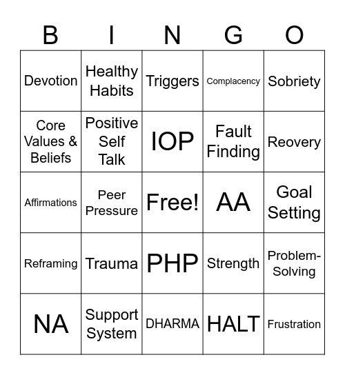 RECOVERY Bingo Card
