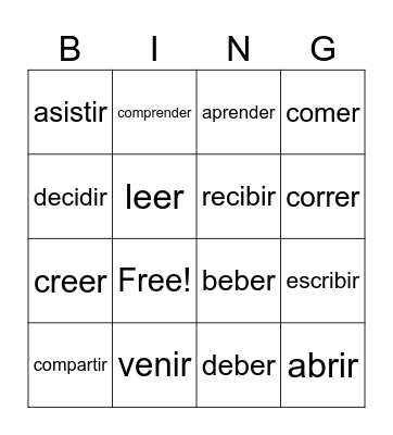 Lección 3: -er/ir Verbs Bingo Card
