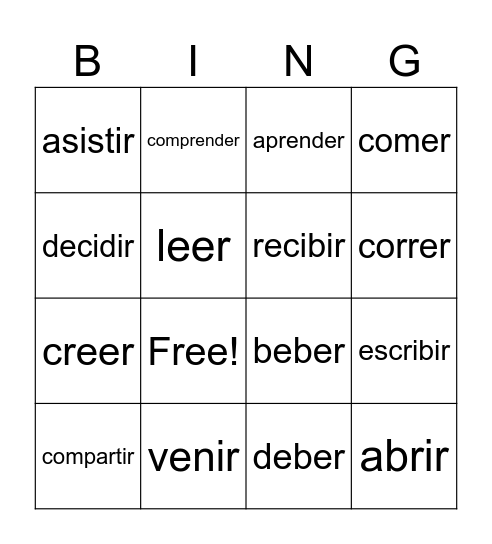 Lección 3: -er/ir Verbs Bingo Card