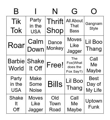Kidz Bop Bingo Card