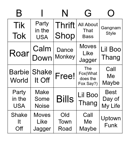 Kidz Bop Bingo Card