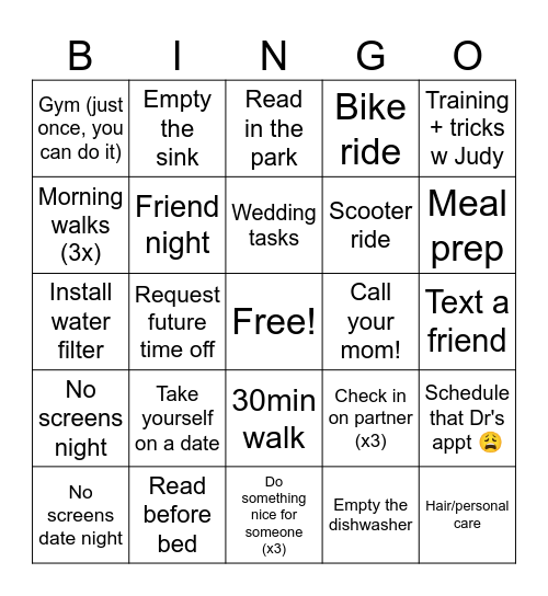Selfcare bingo Card