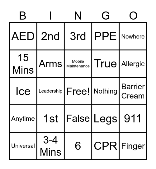 First Aid Bingo Card
