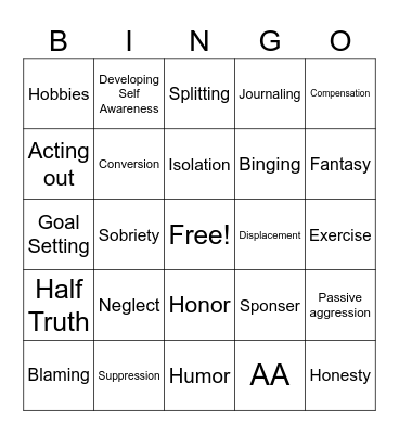 Recovery Bingo Card