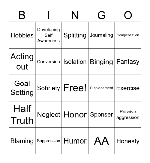 Recovery Bingo Card