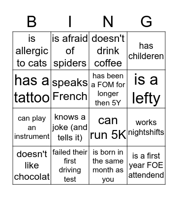 Find somebody who Bingo Card